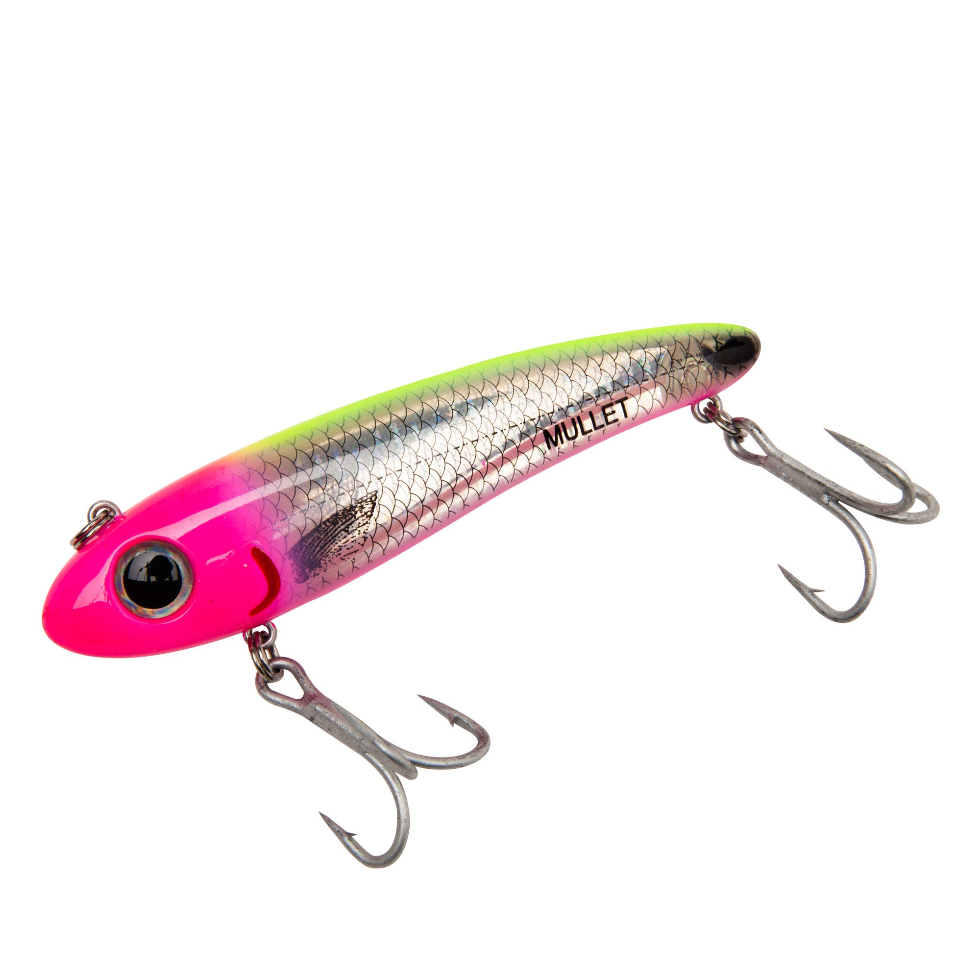 Bomber Lures Mullet Slow-Sinking Twitch/Walking Saltwater Fishing Lure - Excellent for Speckled Trout, Redfish, Stripers and More, 3 1/2 Inch, 5/8 Ounce, Silver Flash/Pink/Chartreuse