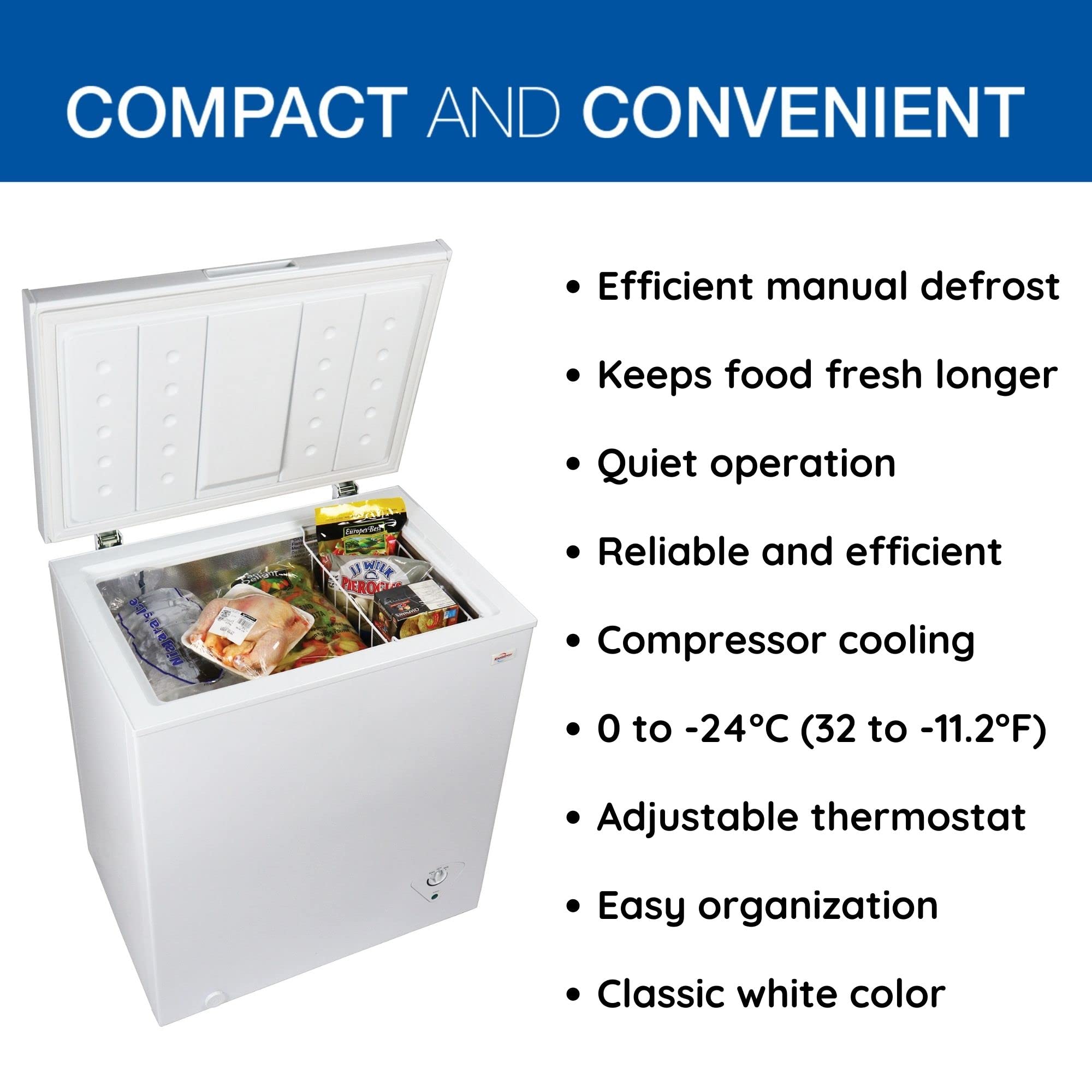 Koolatron Deep Freezer - Chest Freezer, 1 Wire Basket, Garage Ready, Meat Storage, Front Drain, Congelador For Home, Apartment, Basement, Dorm, Cottage, Manual Defrost, Stand Up, 5.0 Cubic Feet, White