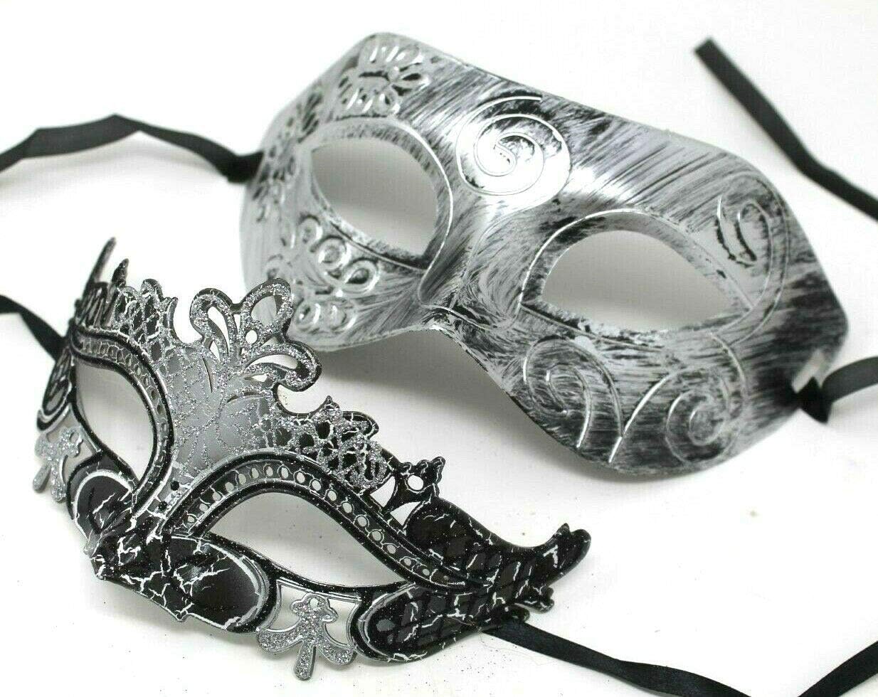 HIS N HERS PAIR OF CO-ORDINATED SILVER & BLACK COUPLES VENETIAN MASQUERADE CARNIVAL PARTY BALL EYE MASKS, Silver Black, 8cm deep