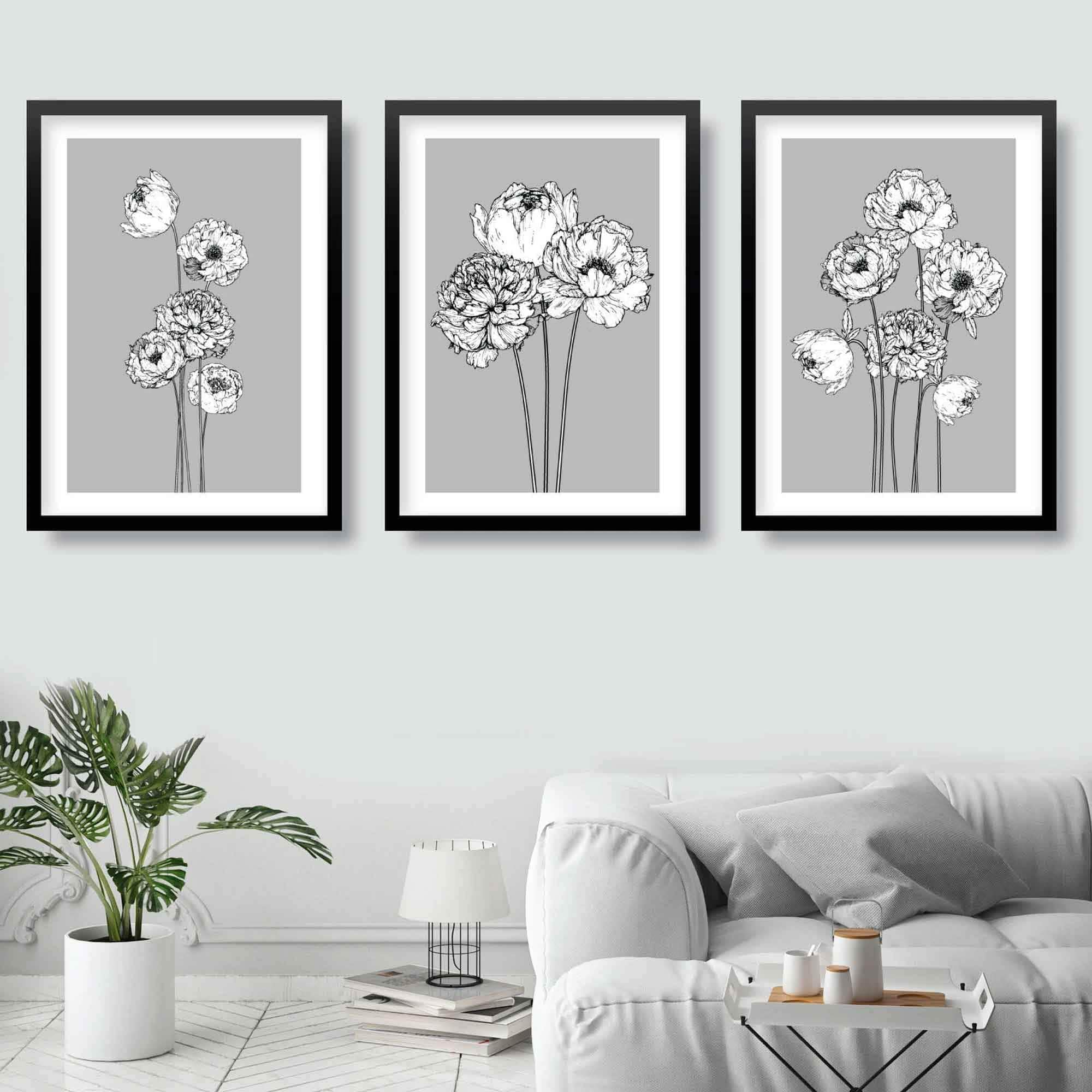 Artze Wall Art Peony Flower Sketch Scandinavian Posters Floral Minimalist Artwork Peonies Gallery Wall Art Prints 3-Piece Set, A3 Size, Grey