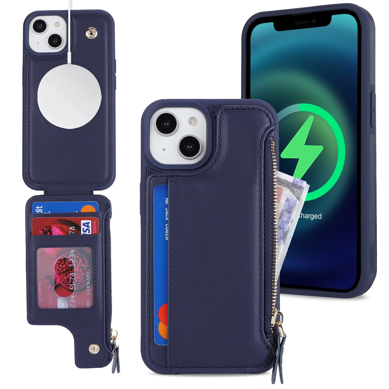 SailorTech iPhone 14 Plus Case with Credit Card Holder magsafe, iPhone 14 Plus Phone Leather Case Wallet for Women Compatible mag safe Card Slots Zipper Shockproof Case for Men - Blue โ image 1