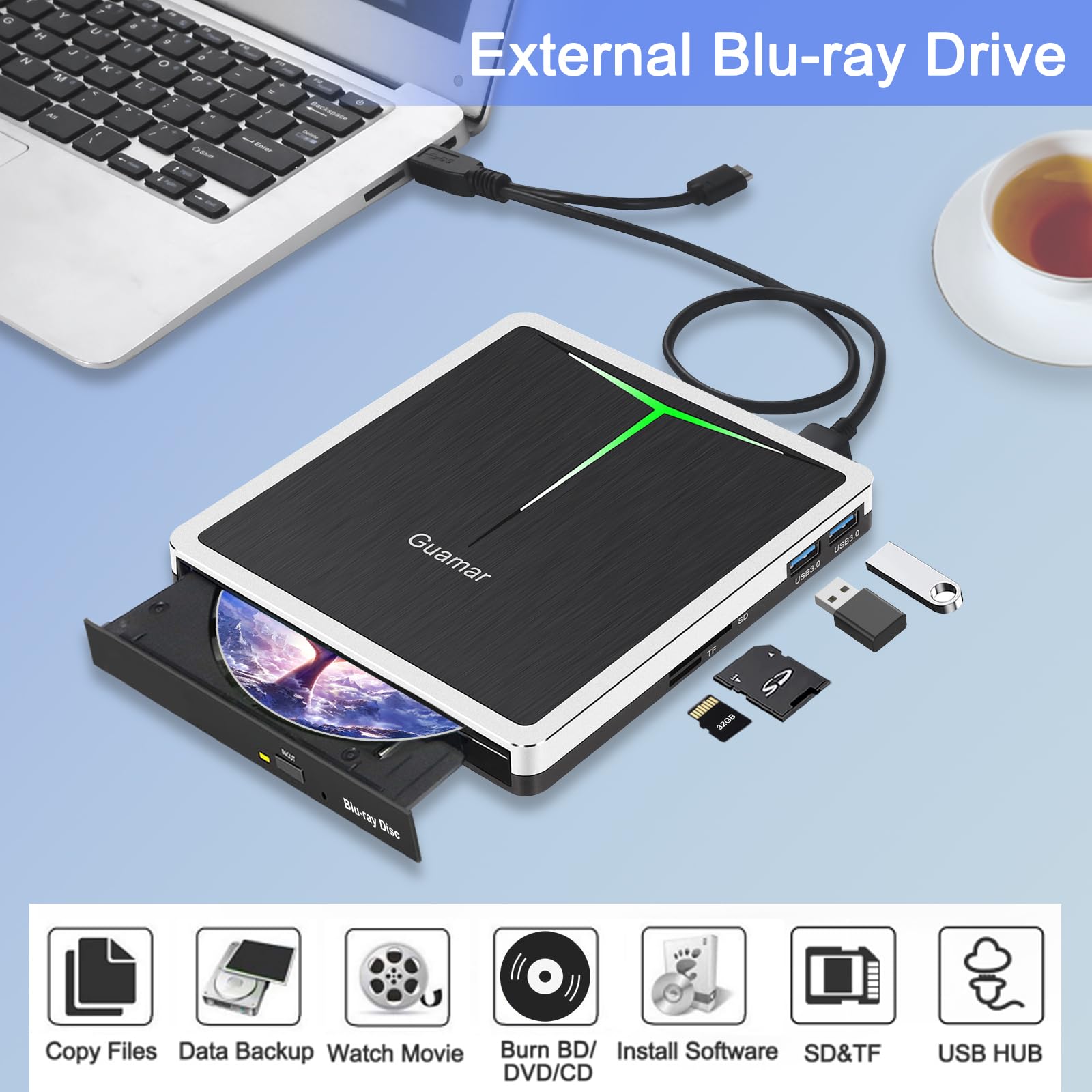 Guamar External Blu Ray Drive: USB 3.0 Type-C Blu Ray Burner with SD/TF Slot/2 USB Ports/Carrying Case - Portable Slim External Blueray/DVD Drive for PC Laptop Mac Windows 11