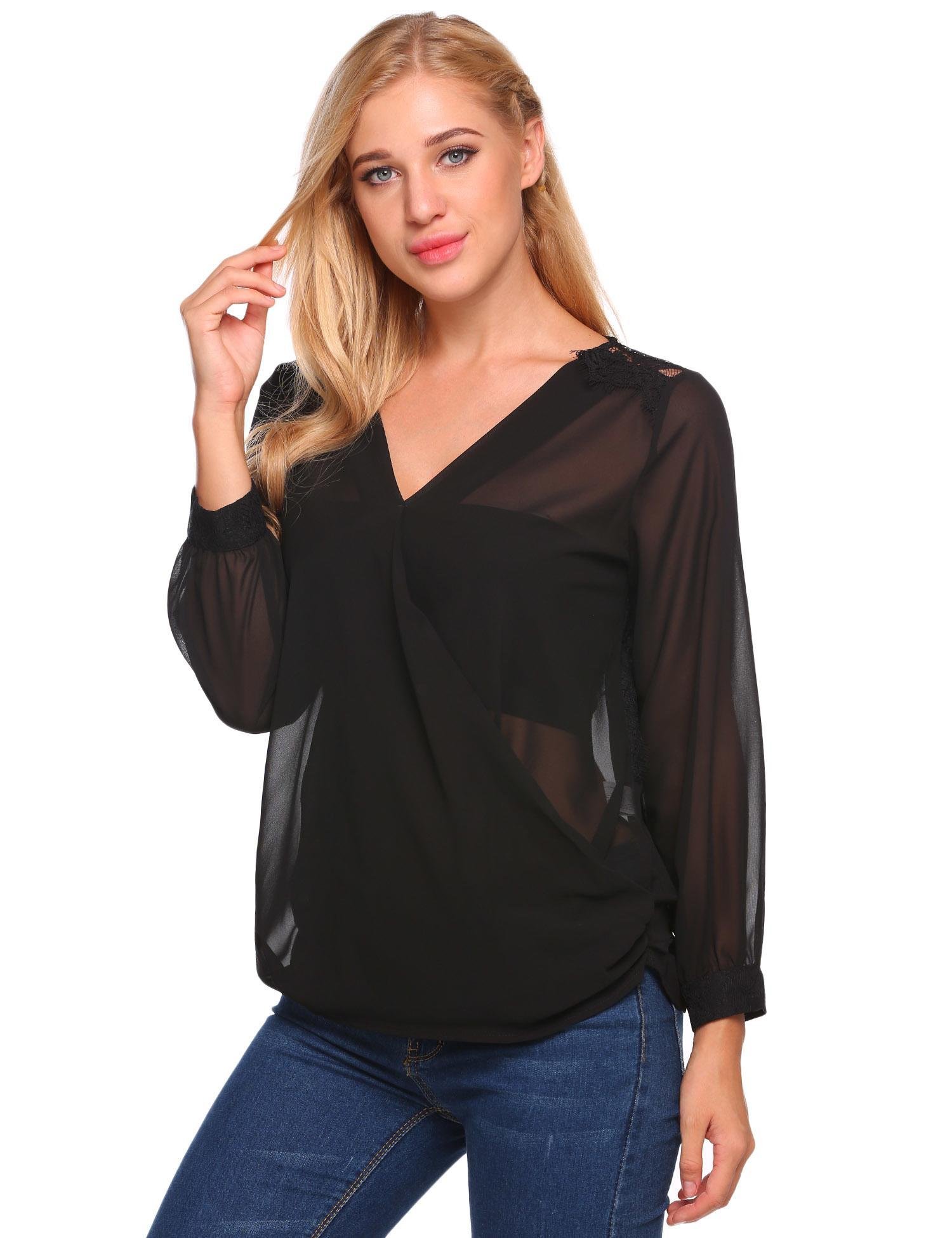 zeagoo Women\'s Long Sleeve Wrap Shirt Sexy Sheer V Neck Lace Chiffon Blouse Top Black Medium