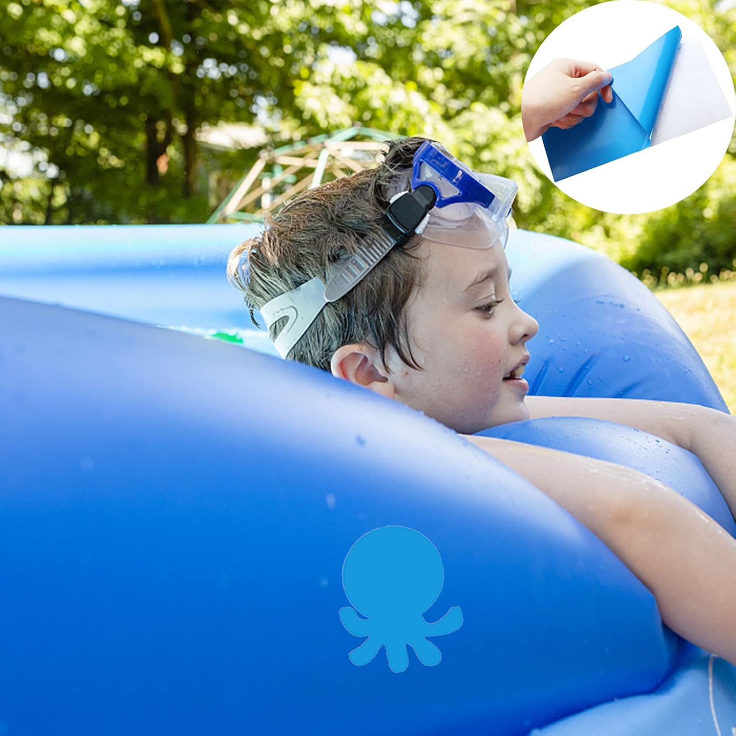 ASMPIO 30 Pieces Vinyl Pool Patch, Self-Adhesive PVC Repair Patches for Swimming Pools, Inflatable Boats, Air Bed, Raft Kayak, Blue : Garden & Outdoor