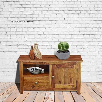 SS WOOD Furniture Sheesham Wood | 1 Drawer and Storage TV Display Unit/TV Stand in Teak Wood Finish