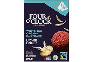 Four O'Clock Organic Fairtrade White Tea Ginger Lychee, Non-GMO, Kosher, Gluten-Free, 15 Count, Pyramid, 37,5g
