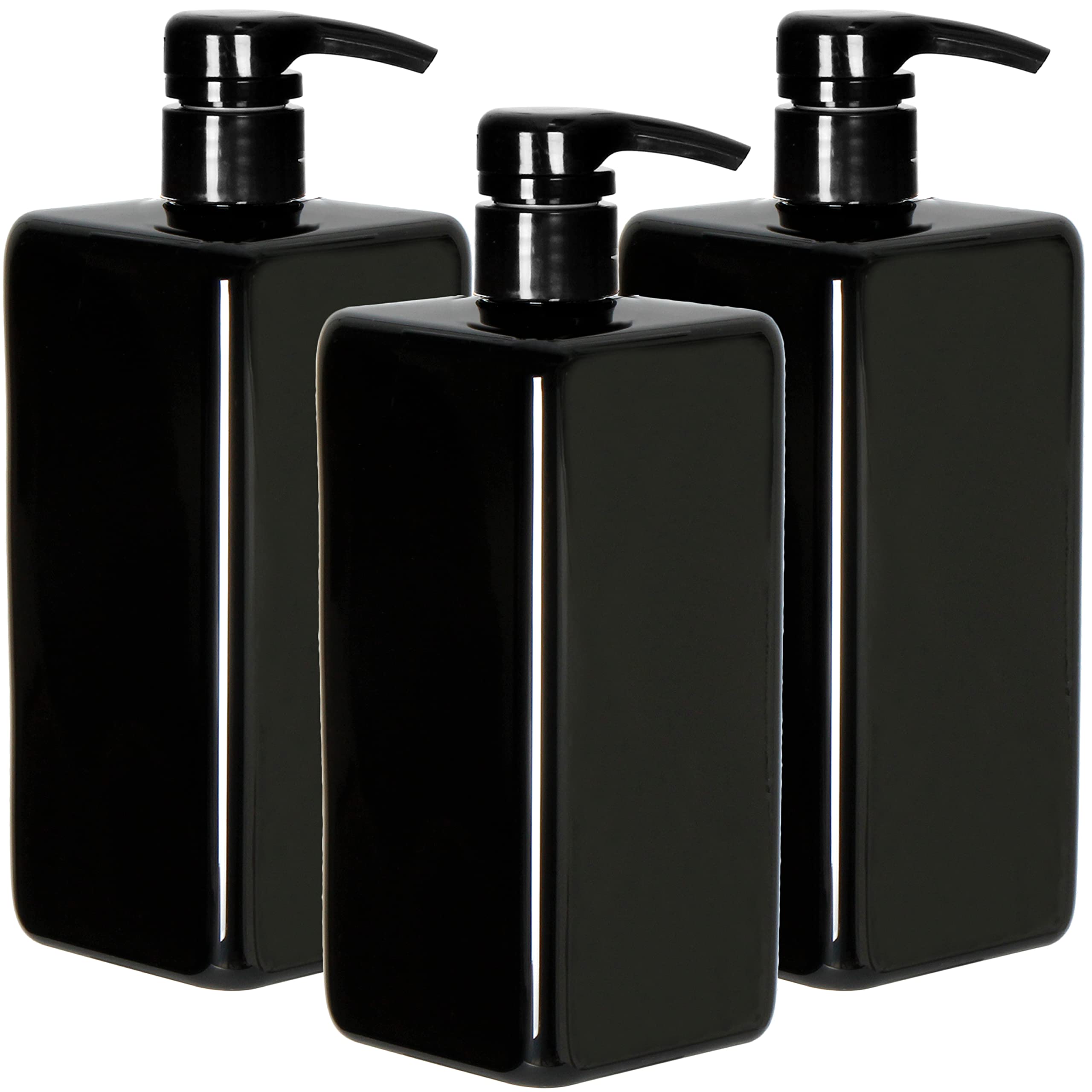 Youngever 3 Pack Pump Bottles for Shampoo 1000ML (1 Liter), Empty Shampoo Pump Bottles, Plastic Square with Lockdown Leak Proof Pumps (Black)