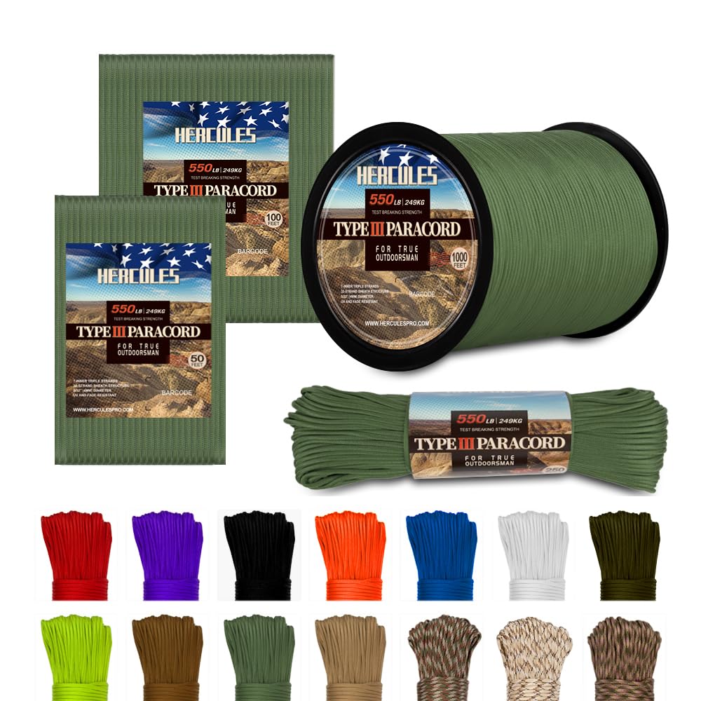 HERCULES 550 Paracord 4mm Type III 7 Strands Parachute Cord, 100' Olive Green Utility Rope for Crafting, DIY, Camping, Survival, Outdoor
