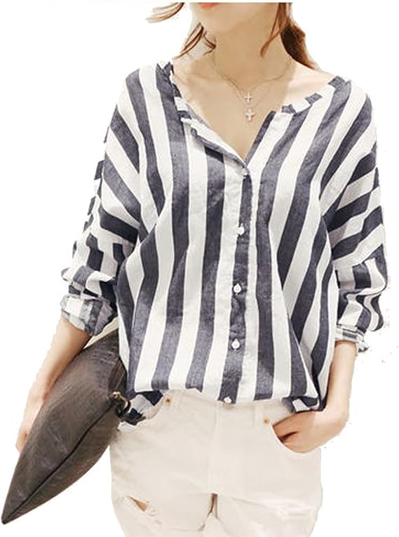 Amazon 大きめ ストライプ シャツ ブルー ホワイト 襟なし ノーカラー レディース 長袖 シャツ ブラウス 通販