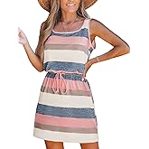 CUPSHE Women Knit Colorblock Stripe Summer Dress Crew Neck Waist Tie Multicolor Casual Sundress Beach Holiday Mini Dress