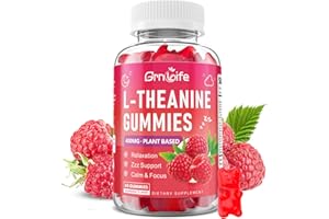 GrnLife L-Theanine Gummies for Kids & Adults, L'Theanine 400mg with Ashwagandha, GABA, 5HTP, L Theanine Supplement for Calm, Zzz & Relaxation Support, Raspberry Flavor, 60 Counts