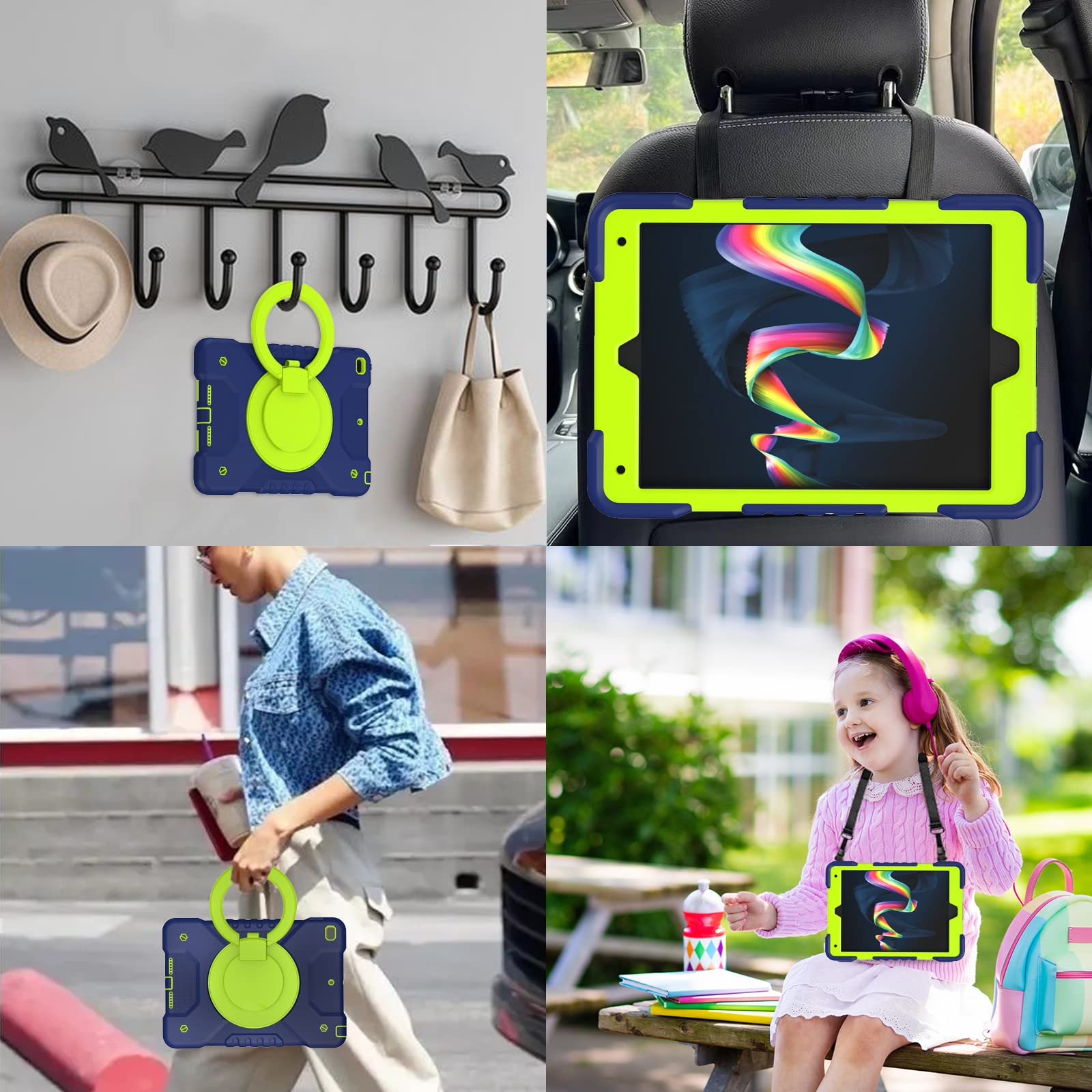 Andnary Case for iPad 9th/8th/7th Generation 10.2 inch, Shockproof Cover with Screen Protector/360° Rotating Handle/Bracket/Pen Holder/Shoulder Strap, Kids Case for iPad 2021/2020/2019 (Navy+Green)