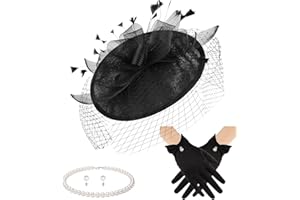 MS.ING Fascinator Hats for Women Tea Party Hats and Gloves Pearl Jewelry Set Derby Hat for Cocktail Wedding