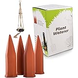 Terracotta Plant Watering Spikes 4 Pack Set, Self-Irrigation Watering Stakes for Flowers, Plants, Trees, Bushes, Shrubs and More - Plant Waterer - Garden Watering Spike, Includes Bonus Plant Hanger
