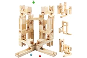 ONSHINE Wooden Marble Run for Kids Ages 4-8, 60 Pieces Wood Building Blocks Toys and Construction Play Set, Marble Track Maze Game STEM Learning Toys Gifts for Boys Girls (60pc Set)