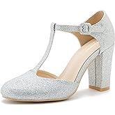 Women's T-Strap Mary Jane Pumps, Chunky Heel, Vintage Style, Cut Out, 3.54 Inch Round Toe Dress Shoes