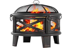 MistMo 26" Fire Pit with Cooking Grill, Outdoor Wood Burning Firepit with Spark Screen, Metal Round Design for Patio, Bonfire Party, Ideal