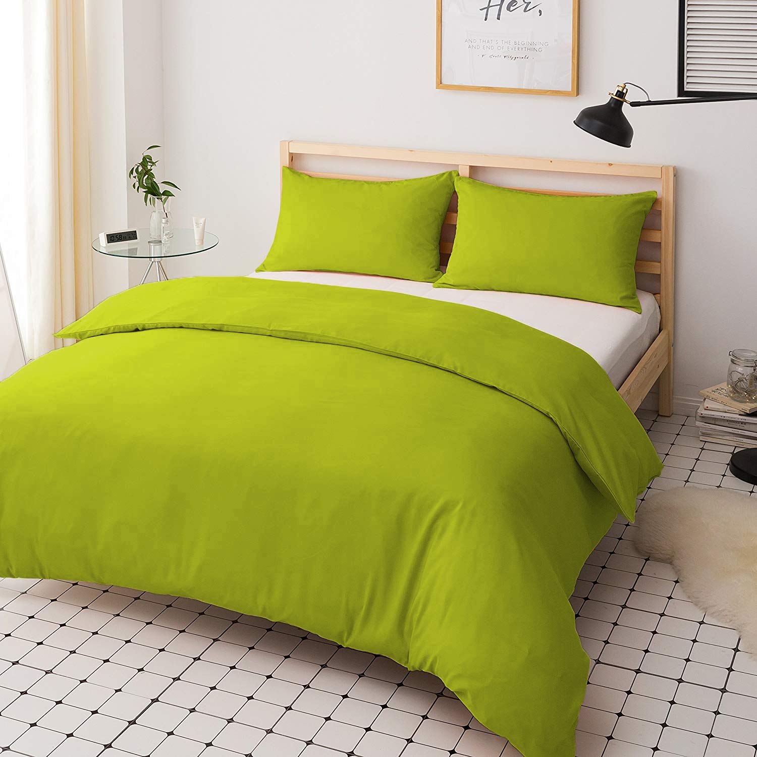 Comfortesy Duvet Quilt Cover Set - Poly Cotton Plain Dyed Bedding Set With Matching Pillowcases- Easy Care Machine Washable - Durable | Single Double King Super King Bed Size (Lime Green, Super King)