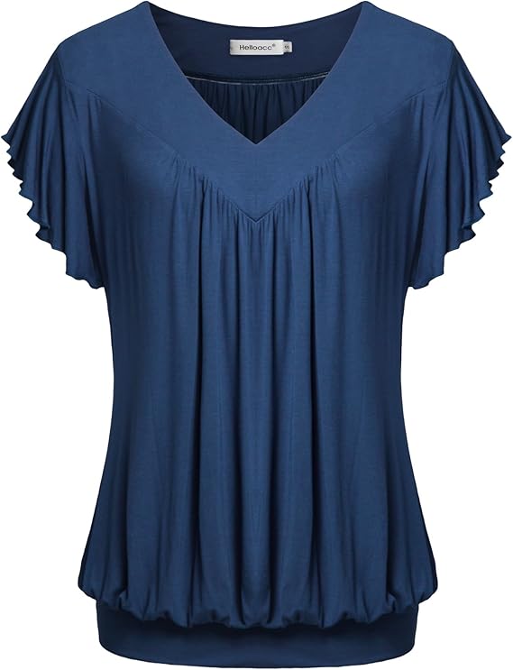 Helloacc Womens V Neck Short Ruffled Sleeves Banded Bottom T Shirts