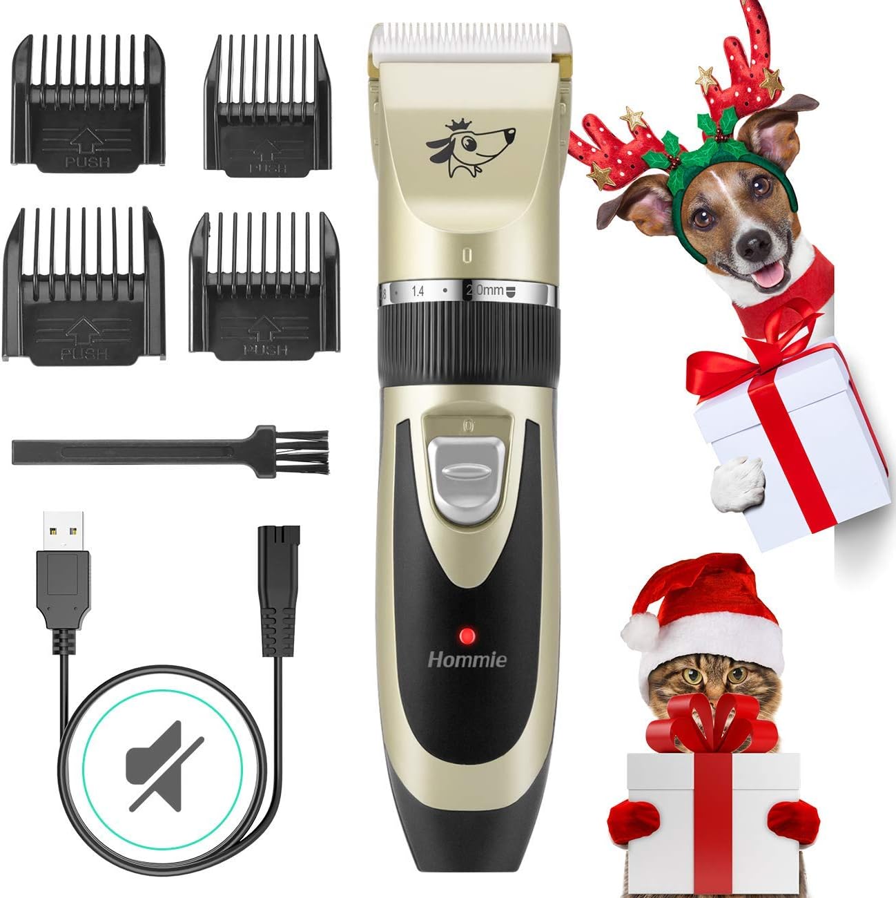 Hommie Dog Clippers, Low Noise Cordless Pet Hair Clippers Grooming Kit Rechargeable Electric Dog Cat Shaver Set with Replaceable Battery for Dogs Cats and Other Fur Pets (P65, Gold)