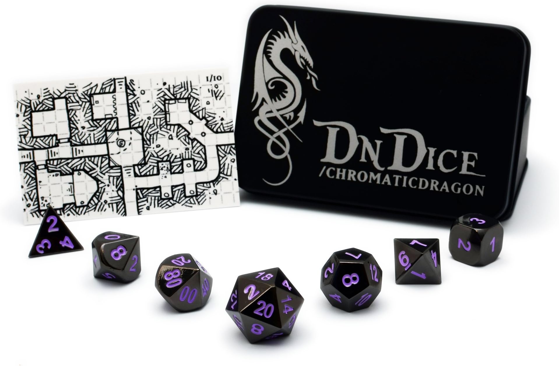 Solid Metal Poly Dice Set By DnDice | Dark Chrome and Coloured Inking Solid Zinc | Chromatic Purple