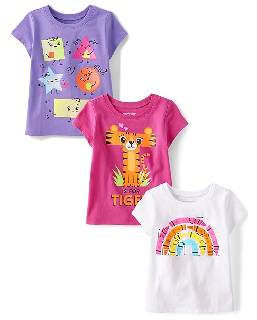 The Children's Place Toddler Girls 3-Pack Short Sleeve Graphic T-Shirt, Tiger/Iguana/Shark