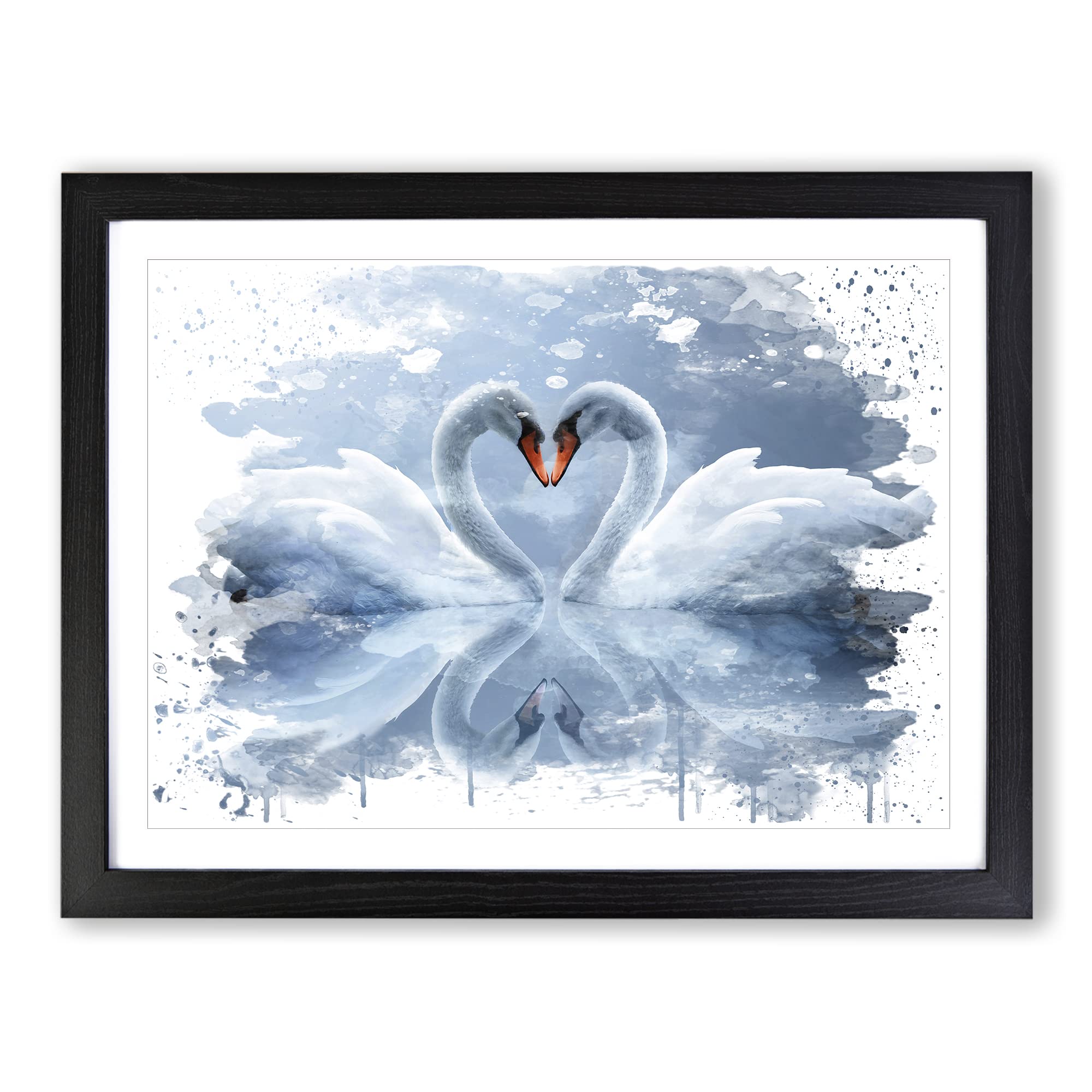 White Swan Love Heart Lake V3 Modern Framed Print | A3 Black Framed Wall Art | Ready to Hang | Modern Love Picture | Living Room Bedroom Lounge Office