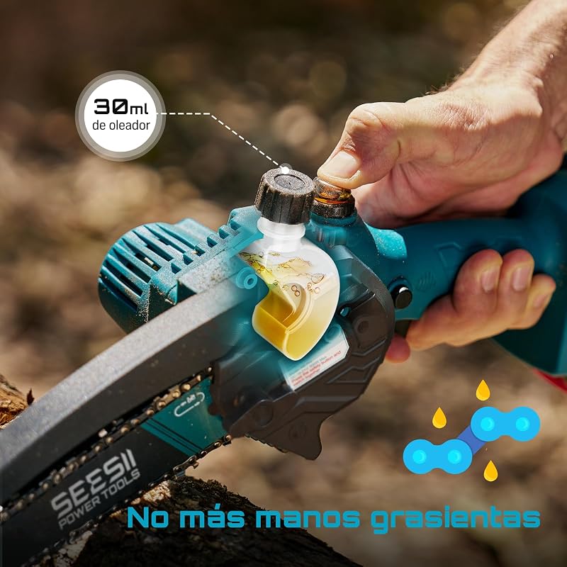6'' Mini Motosierra Bateria 8000mAh, Motosierra Eléctrica Bateria con Depósito Para El Aceite y Cadena Reemplazable, Motosierra Inalámbrica Portátil para Podar Árboles de Jardinería — foto 6 de 8