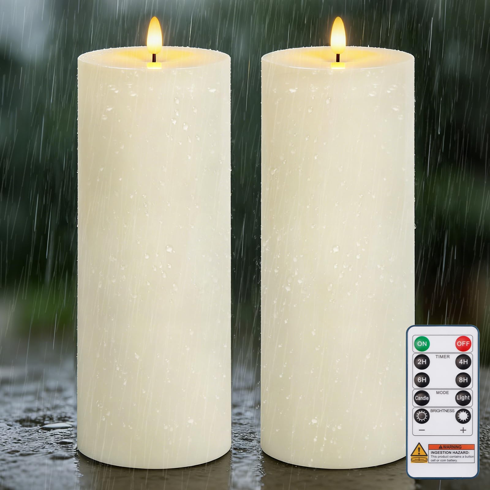 Photo 1 of Homemory Outdoor Waterproof Flameless LED Candles 4" x 12", Battery Operated Large Pillar Candles with Remote & Timer, Long Lasting for Outdoor Lanterns & Patio, White, Set of 2