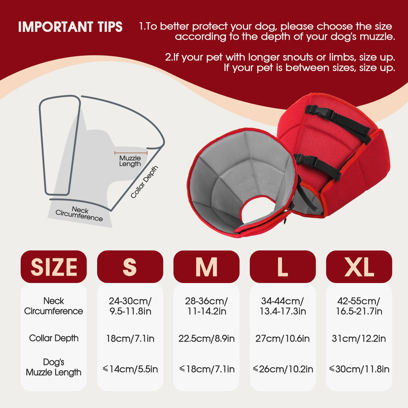 Condition photo showing New/Like New for dog cone collar after surgery for large dogs, adjustable soft cone for dogs to stop licking, professional elizabethan collar for pet, recovery cones for wound healing & hot spots l(neck girth:13.4-17.3in) red