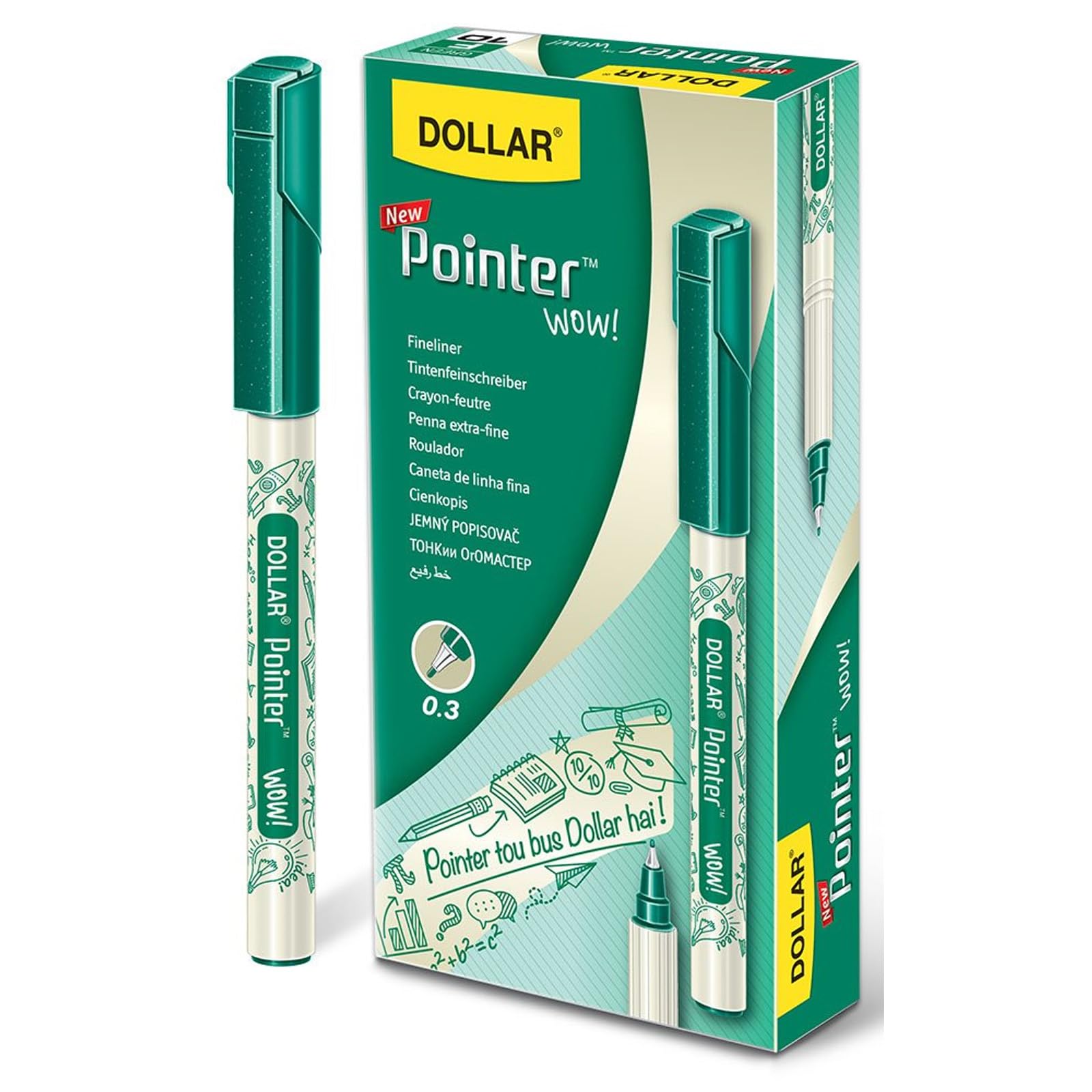 DOLLAR Wow Fineliner Pens, GREEN, Fine Tip (0.3mm), Pack of 10, Precise Fine Writing, Write Draw Sketch Colour Pens, Ideal for School Office Home Use