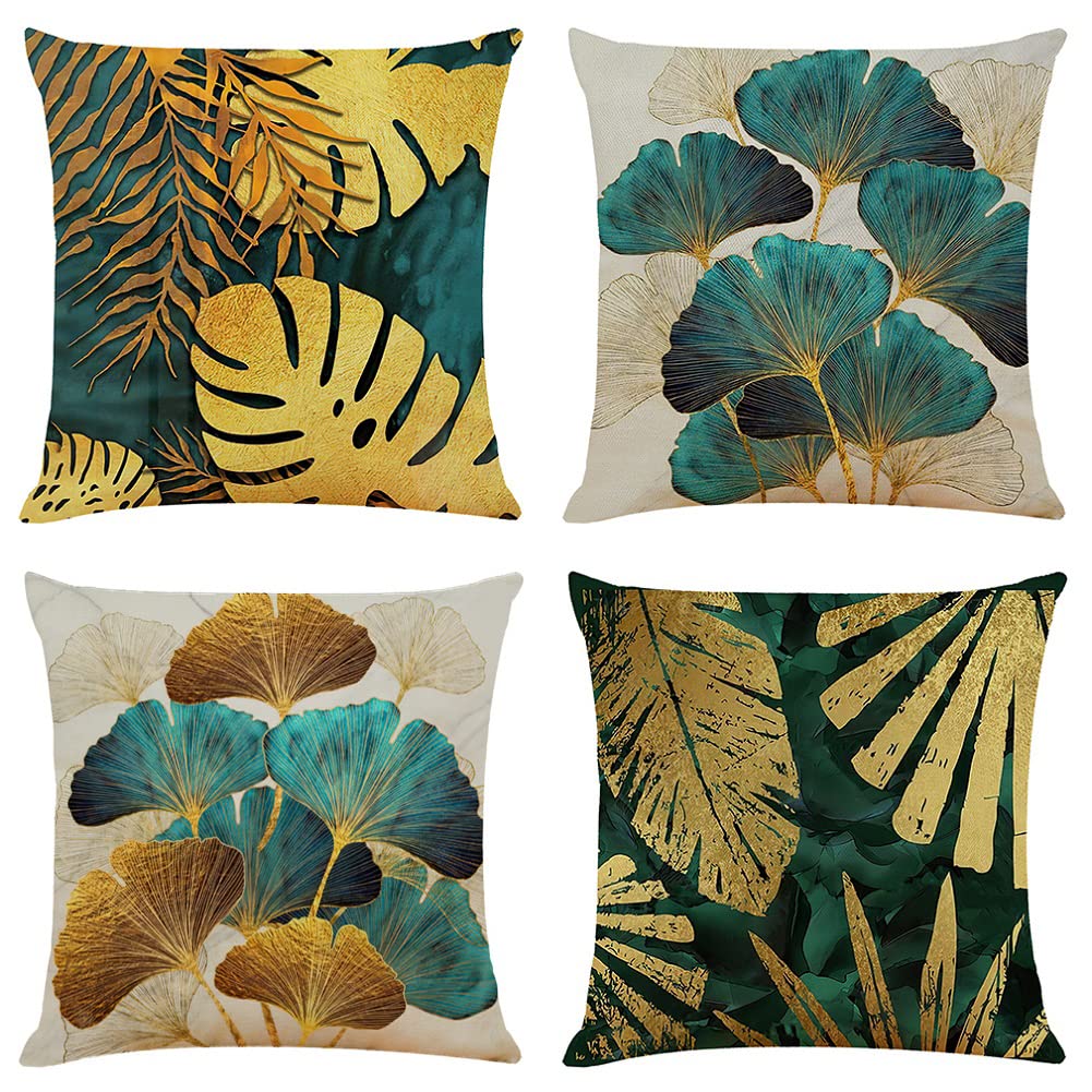 BCKAKQA 4 Pack Cushion Covers 60cm x 60cm Green Gold Leaves Throw Pillow Covers 24 x 24 inch Linen Square Throw Pillow Case for Living Room Sofa Couch Bed Pillowcases