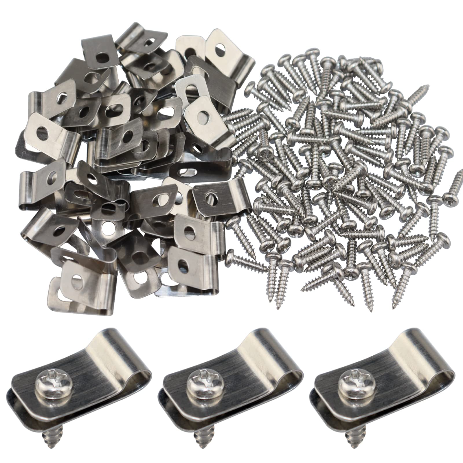Photo 1 of Wire Fence Clips Metal 100 Pcs Wire Clamps Stainless Steel Fencing Mounting Clips with 100 Pcs Stainless Steel Screws for 12-16 Gauge Welded Clamps to Wood, Metal or Vinyl Railings (100 PCS)