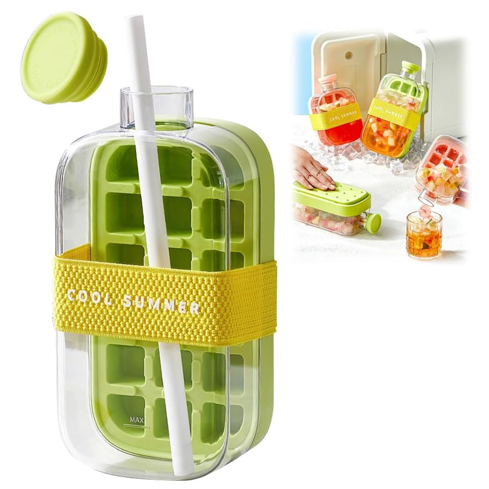 Photo 1 of 2 In 1 Ice Cube Bottle, Ice Cube Bottle With Straw, Portable Touch Free Ice Cube Trays, Press To Release Ice Tray for Home Ice Making, Outdoor Picnics, Office Use (800ml/28oz)