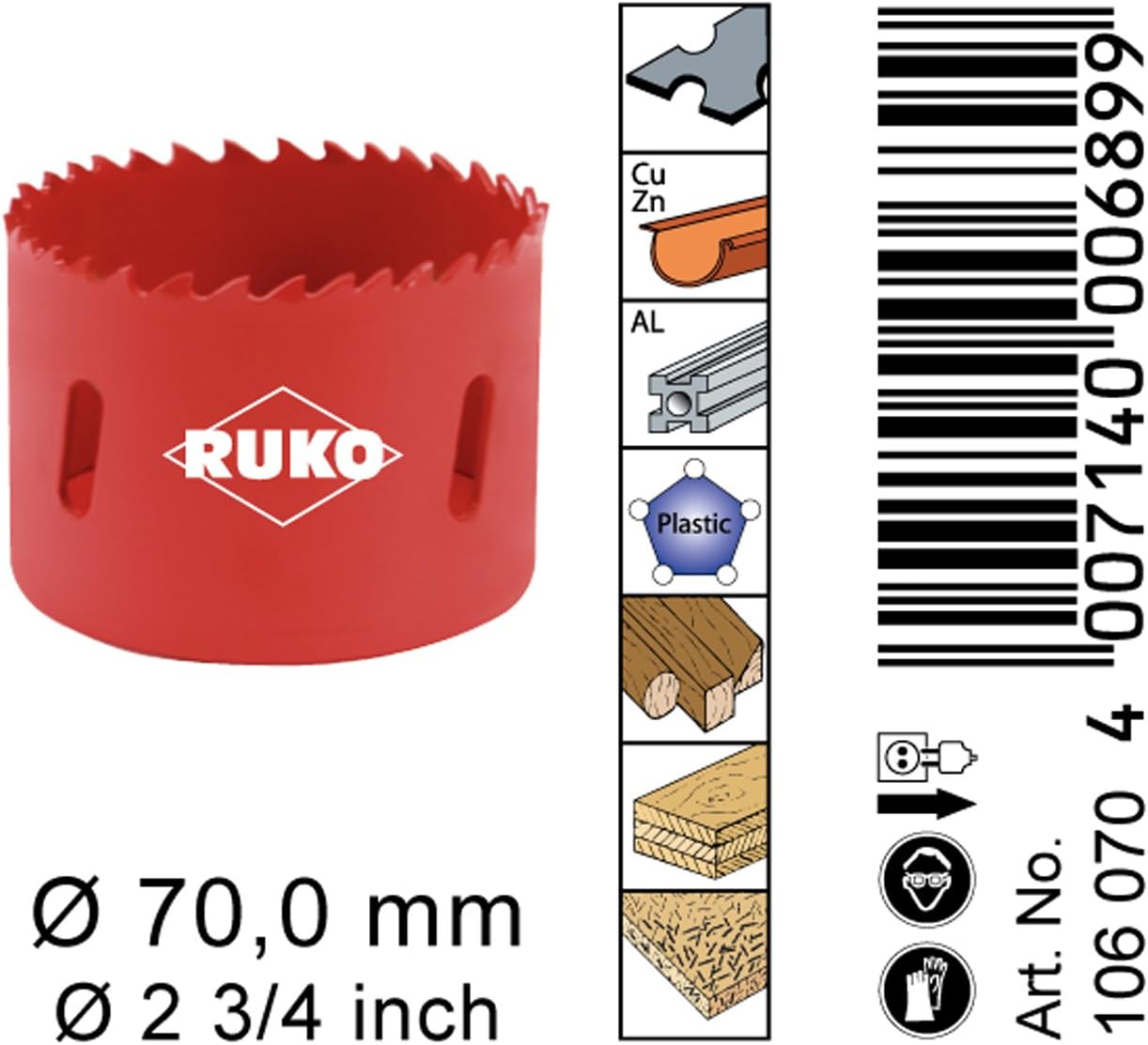 Ruko HSS Bi-Metal Hole Saw with Varied Toothing, Red Finish, 70 mm Diameter, R106070 - Image 4