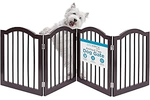 INTERNET'S BEST Arched Top Dog Gate | 4 Panel, 24" H Wooden Pet Barrier for Dogs or Cats | Freestanding Folding Room Divider for Doorways, Hallways, Stairs, and Porch | Portable, Extra Wide | Espresso