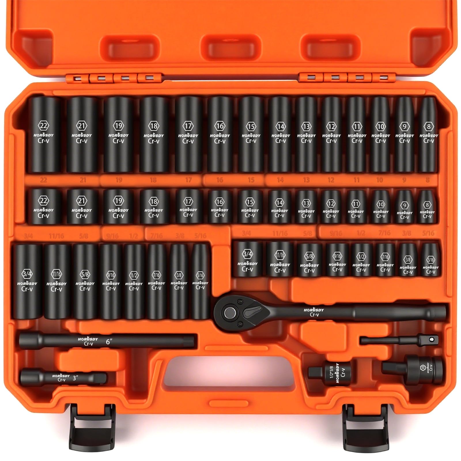 Photo 1 of HORUSDY 3/8" Drive Impact Socket Set, 50-Piece Standard SAE (5/16 to 3/4 inch) and Metric (8-22mm) Size, 6 Point, Cr-V, 3/8-Inch Drive Ratchet Handle, Drive Extension Bar, Impact Universal Joint