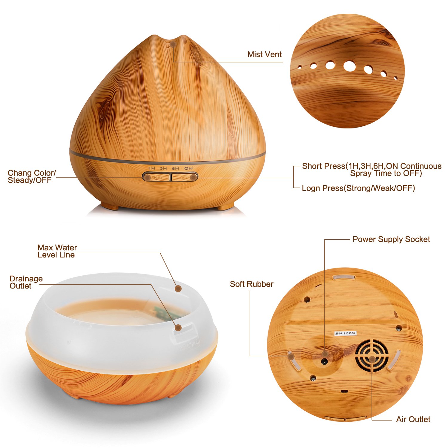 OMOTON Aroma Diffuser, 400ML Essential Oil Diffuser for Aromatherapy, Ultrasonic Cool Mist Humidifier with 14 Color LED Lights, Fragrance For Home Office, Bedroom, Bathroom, Yoga, Spa (2017 Version)