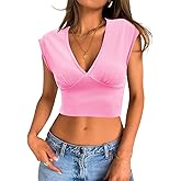 Tankaneo Womens Deep V Neck Cropped Tank Tops Low Cut Summer Cap Sleeve T Shirts Y2k Slim Fit Cute Tees
