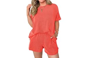 miduo Womens 2 Piece Sets Ribbed Textured Knit Casual Short Sleeve Shirts Shorts Two Piece Lounge Matching Set