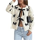 SHENHE Women's Tie Front Bow Cardigan Sweater Crew Neck Loose Fit Coquette Knit Sweater