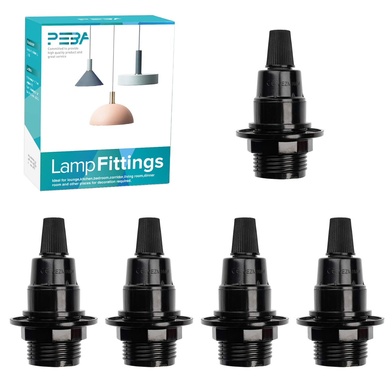 PEBA E14 Bulb Holder, Bakelite Lamp Holder, E14 Lamp Fitting, Plug in Pendant Lighting, Black Socket, Lampshade Mountable, 250V 4A, 5 Pieces