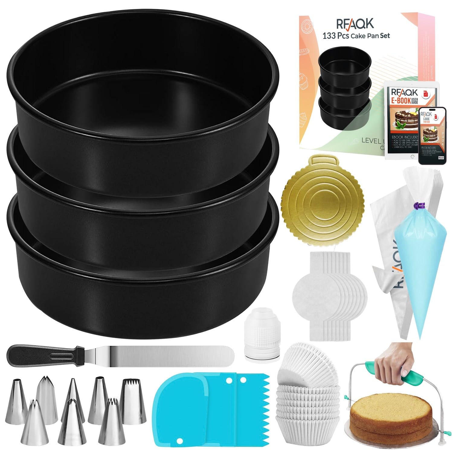 Photo 1 of ****Partial set***

RFAQK  Round Cake Pans Sets for Baking + Cake Decorating Kit with NonStick 8 Inch Cake Pan Set of 3 -Icing Tips,Cake Leveler,Spatula, Multifunctional Cake Pan, Baking Supplies Gift & eBook