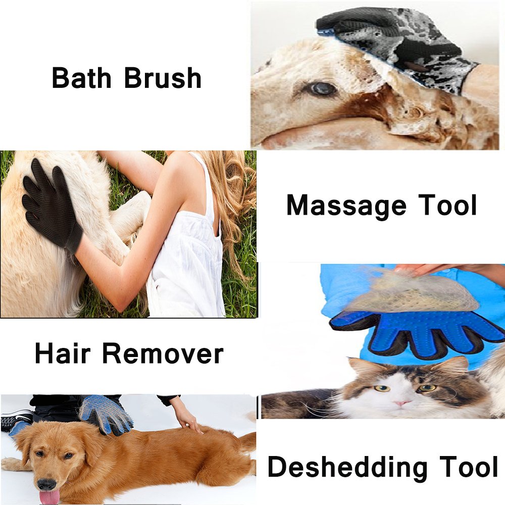 Blue Pet Glove Groomig comb Efficient Hair Remover Mitt Gentle Deshedding Brush Tool With Five Finger Design True Touuch Massage Bath gloves Perfect For Dogs and Cats with Long or Short Fur(One Pair)