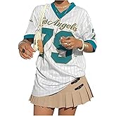 Pairxily Oversized Jersey Shirts for Women V Neck Striped Number Graphic Tees Y2k Jerseys Short Sleeve Streetwear Summer Tops