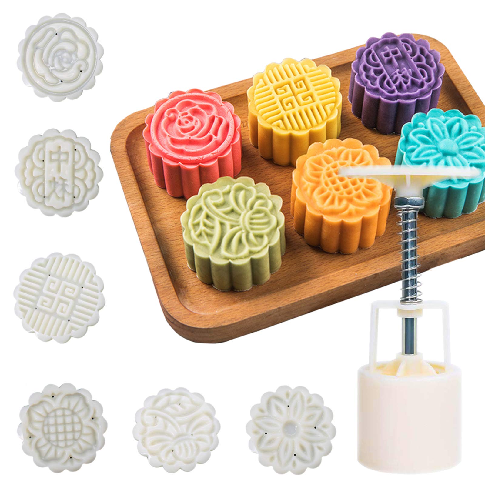 Photo 1 of Moon Cake Mold 6 PCS, Mid Autumn Festival DIY Hand Press Cookie Stamps Pastry Tool Moon Cake Maker, Flower Mode Patterns 1 Mold 6 Stamps 50g (White).