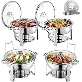 VEVOR Chafing Dish Buffet Set, 5 Qt 4 Pack, Stainless Steel Chafer with 4 Full Size Pan, Round Catering Warmer Server with Glass Lid Water Pan Folding Stand Fuel Holder, for Wedding Party Banquet