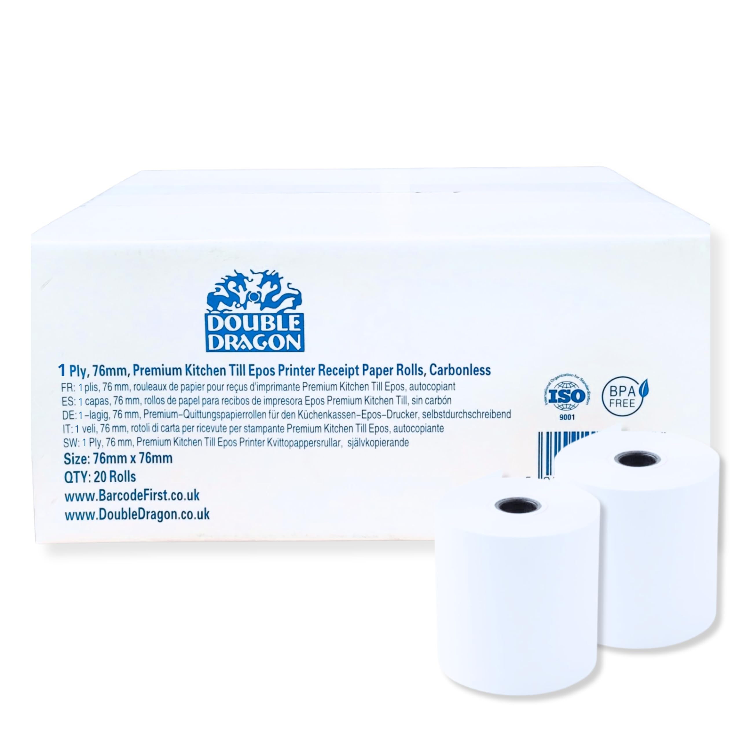 Double Dragon Single Ply Carbonless Premium Paper Rolls, 76x76mm, for Dot-Matrix Impact Kitchen Printer, Printing Calculator, Non-thermal Cash Registers Receipt Printer, Star Clover Bixolon (20 Rolls)