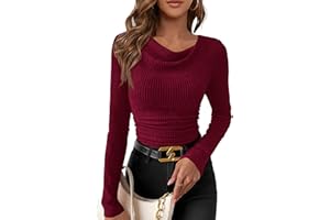 PRETTYGARDEN Women's Long Sleeve Cowl Neck Ribbed Knit Fall Shirts Slim Fit Ruched Going Out Crop Tops Basic T-Shirts