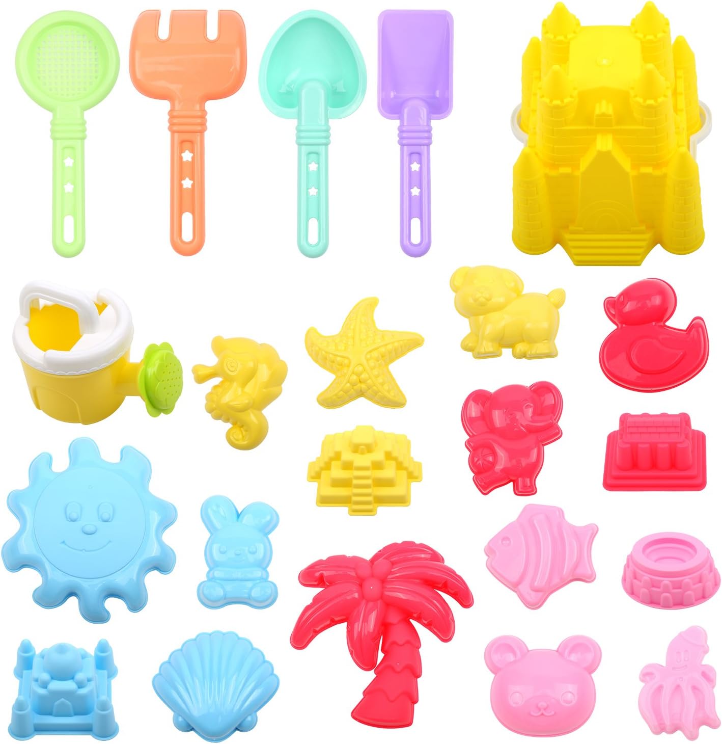 FUUNISM Beach Sand Toy Set 22 Pcs Including Castle, Coco,Animals Elephant/Duck/Bear/Rabbit/Fish/Seahorse/Octopus, Sun, Models and Molds, Bucket, Shovels and Rakes in Reusable Zippered Bag